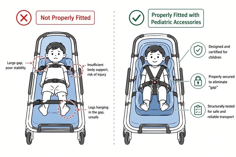 Child on adult stretcher safety comparison