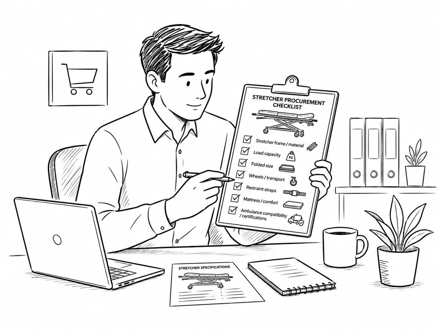 A procurement manager at a desk reviewing a checklist on a clipboard