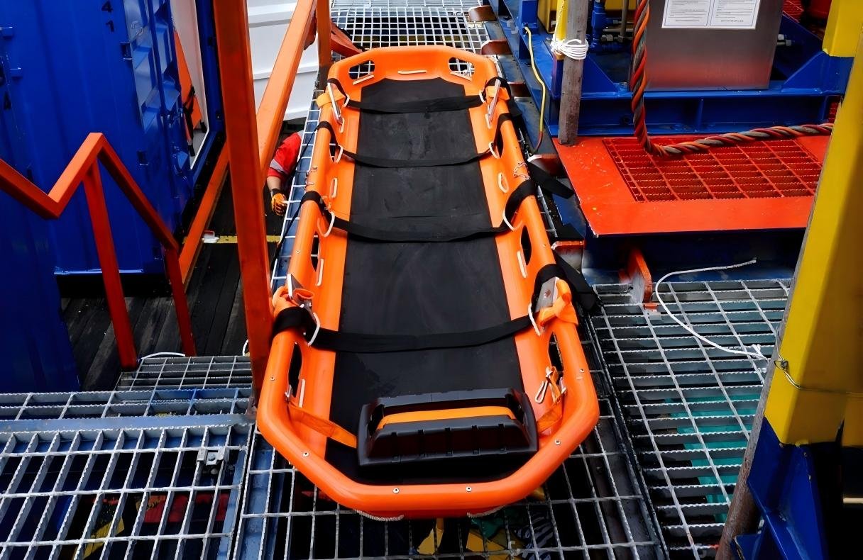 A solid one-piece stretcher next to a compact two-piece stretcher