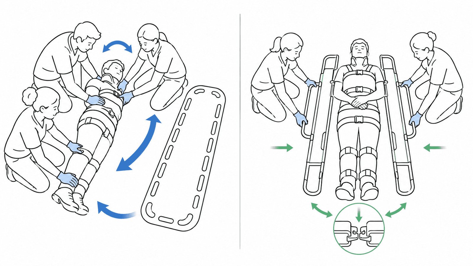 Side-by-side comparison of a scoop stretcher and a spine board