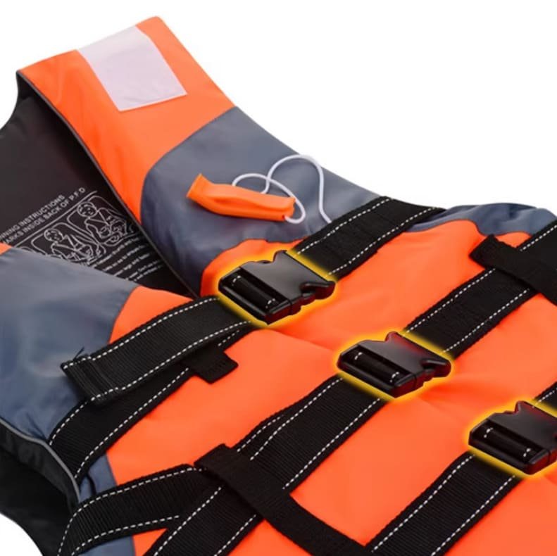A close-up of certification marks like SOLAS and CE on a life jacket.