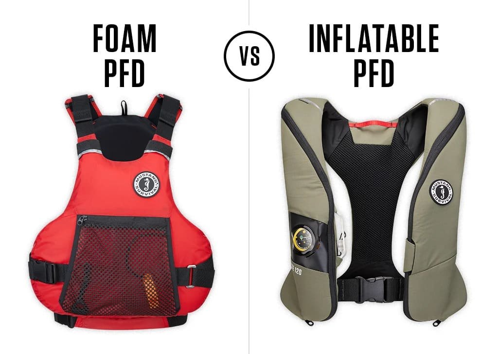 Foam and inflatable personal flotation devices shown side by side
